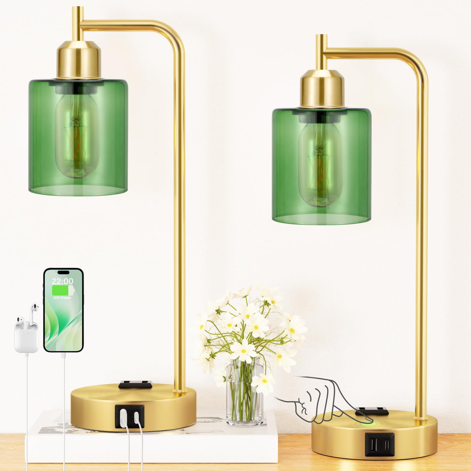 Innqoo Industrial Green Table Lamps for Bedrooms Set of 2-3-Way Dimmable Desk Lamp with USB C+A Ports and Outlet  Gold Lamps with Green Glass Shade for Living Room