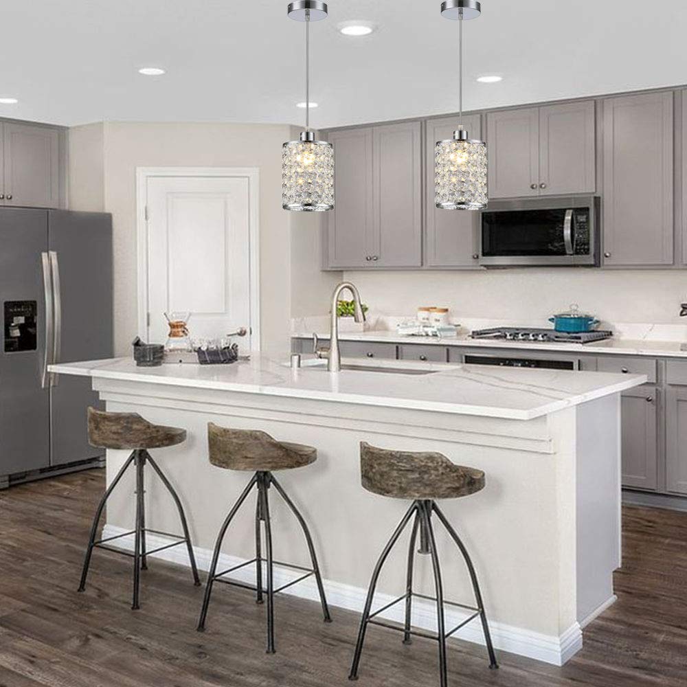 Mondaufie 2 Pack Crystal Pendant Lights Kitchen Island,Crystal Pendant Light With Long Cord Adjustable,Chrome Finish Bar Pendant