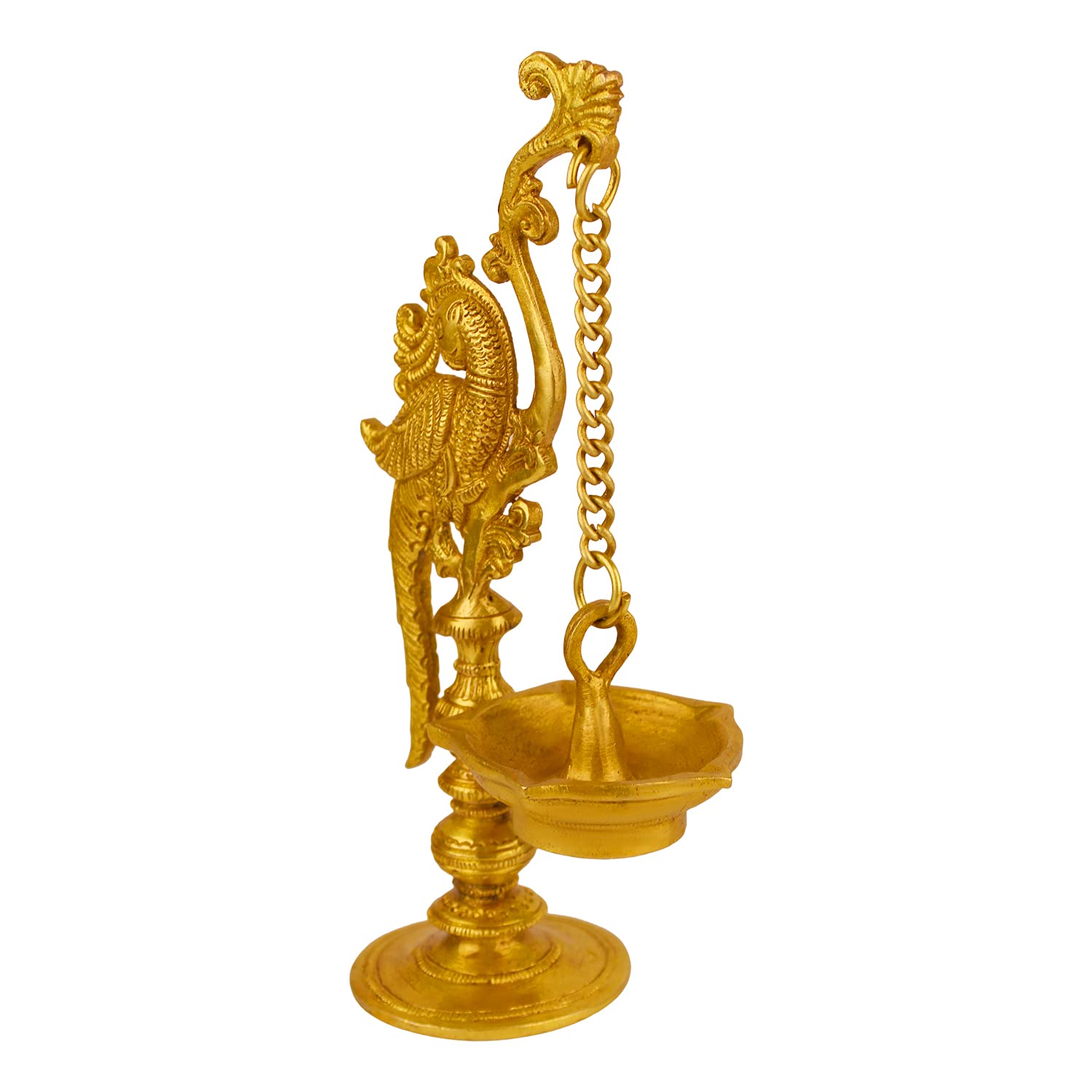 Kartique Brass Parrot Long Chain Oil Lamp Diya Deepam (Height 9 Inch, Gold, Small)