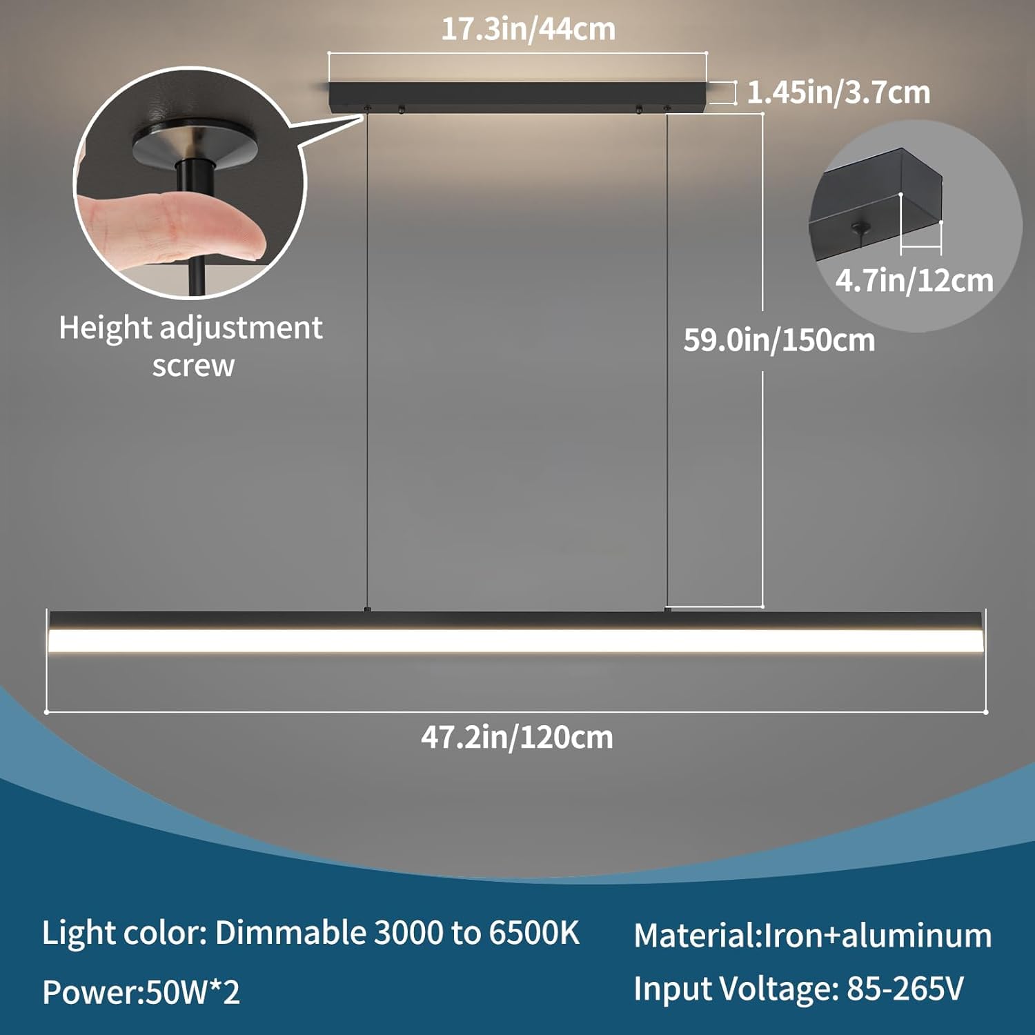 Matven LED Linear Pendant Light, Dimmed with Remote Control, 47IN, Acrylic, Black, Model XX10