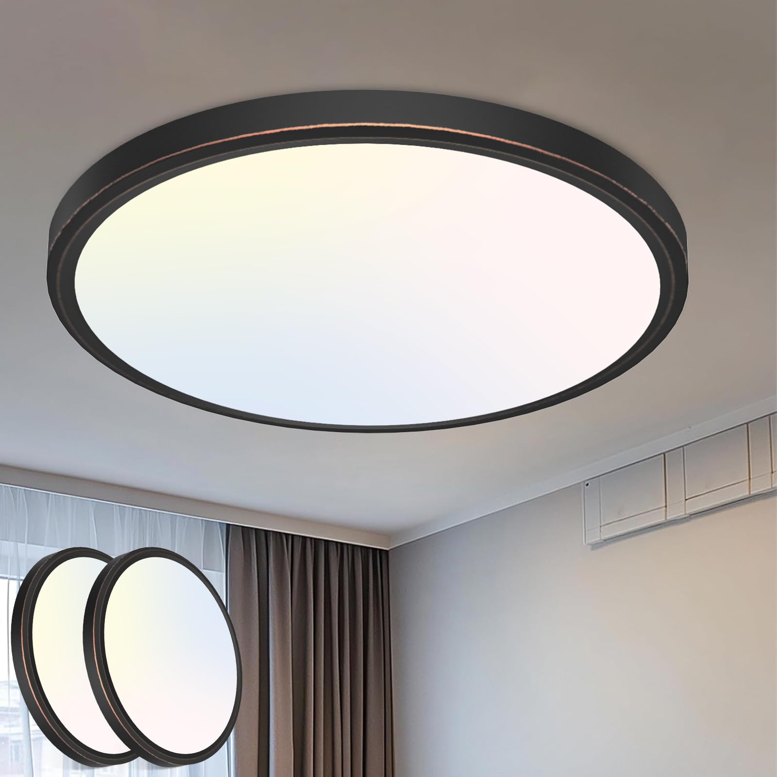libtit 16Inch Flush Mount LED Ceiling Light Fixture  3000K 4000K 6500K Adjustable  36W 3600lm Rubbed Bronze Satin Round Ceiling Lamp for Bathroom Shower Hallway Kitchen  2 Pack