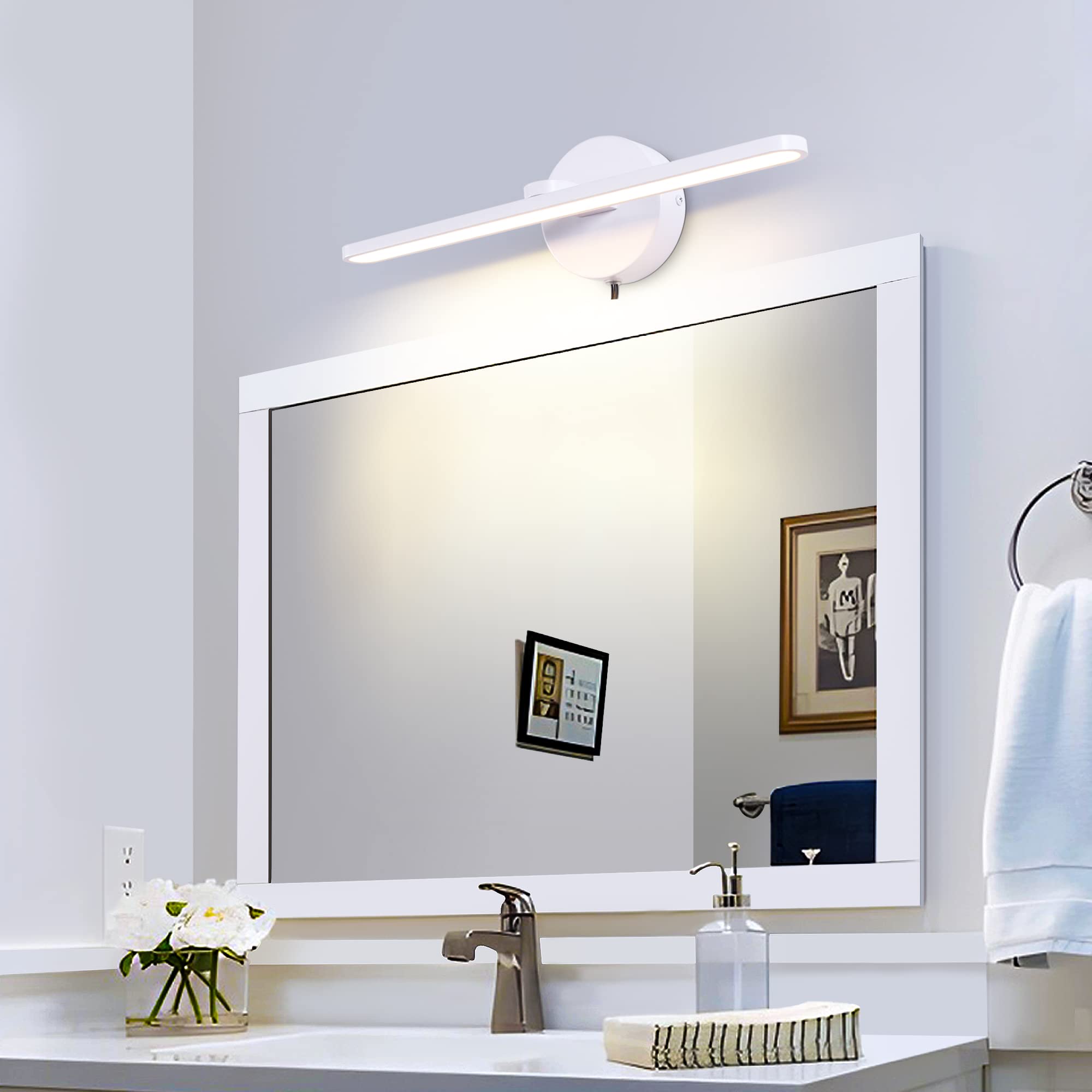 Mantolite Plug In Vanity Lighting Fixtures, White 16Inch Led Wall Lights Fixtures, Bathroom Over Mirror Lamp Modern Home Bedside Lamp Picture Sconces, 12W 3000K White Make-Up Mirror Front Lamp