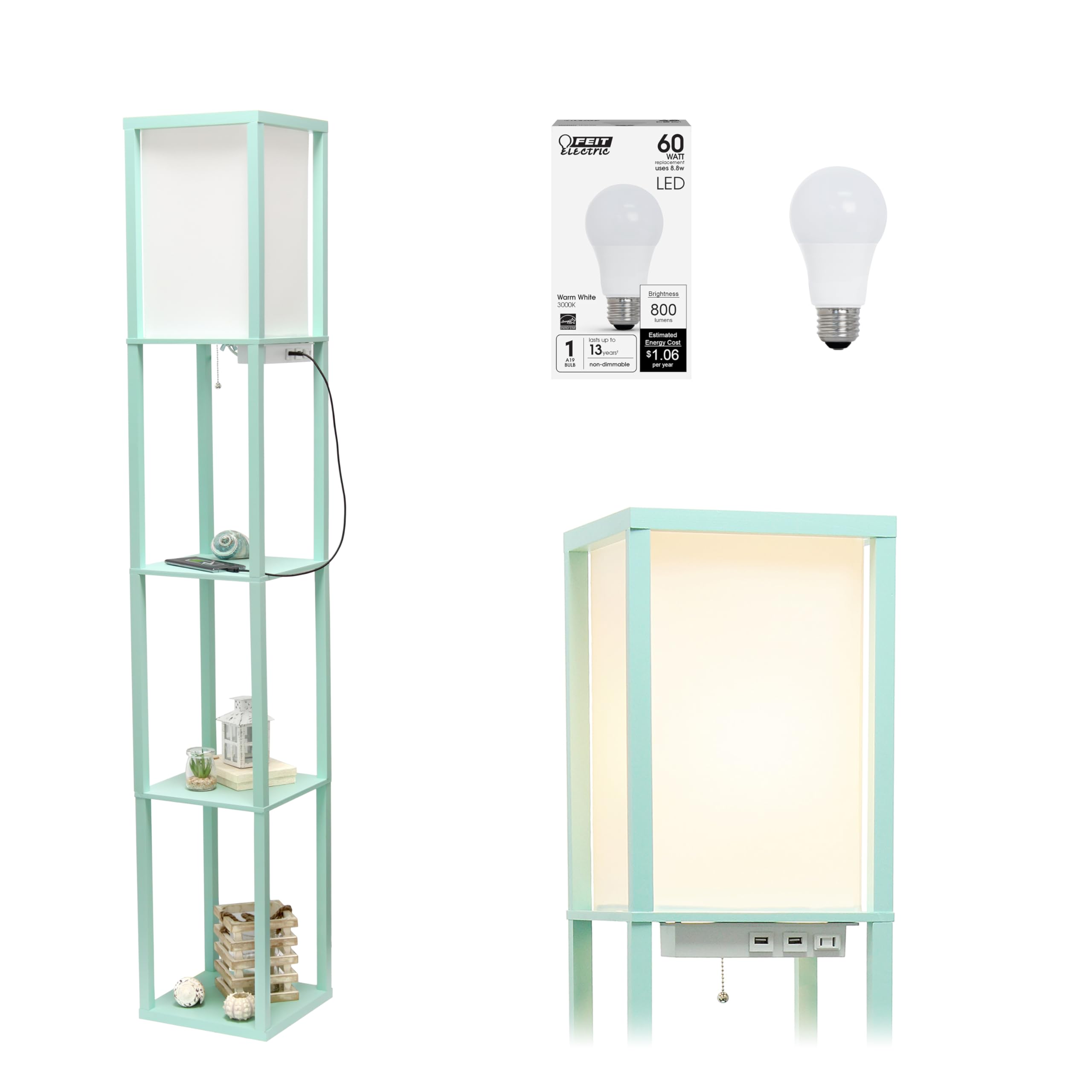 Simple Designs Lf1037-Aqu-Lb Three Shelf Etagere Organizer Storage Floor Lamp With 2 Dual Usb Ports And Charging Outlet, Aqua, W