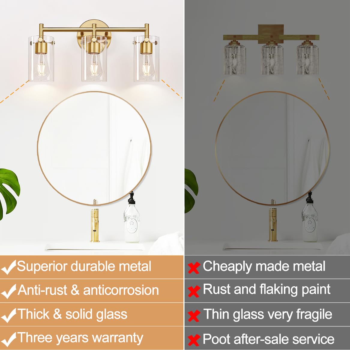 Bathroom Light Fixtures 2023 Upgrade, 3-Light Brushed Gold Bathroom Vanity Light, Gold Bathroom Lights Over Mirror With Clear Gl