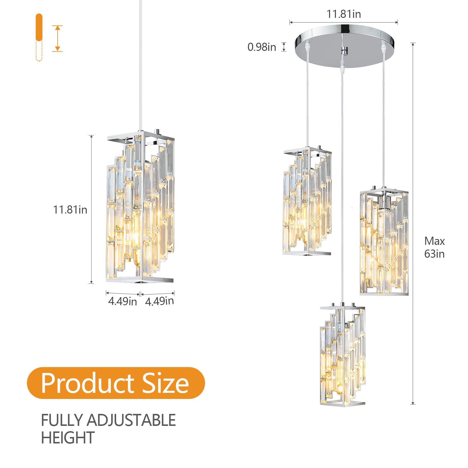 Fdpby Chrome Pendant Lighting Modern Pendant Light, Mini Crystal Chandeliers,Adjustable Pendant Light Fixture For Kitchen Island Dinning Room Bedroom (3 Light)