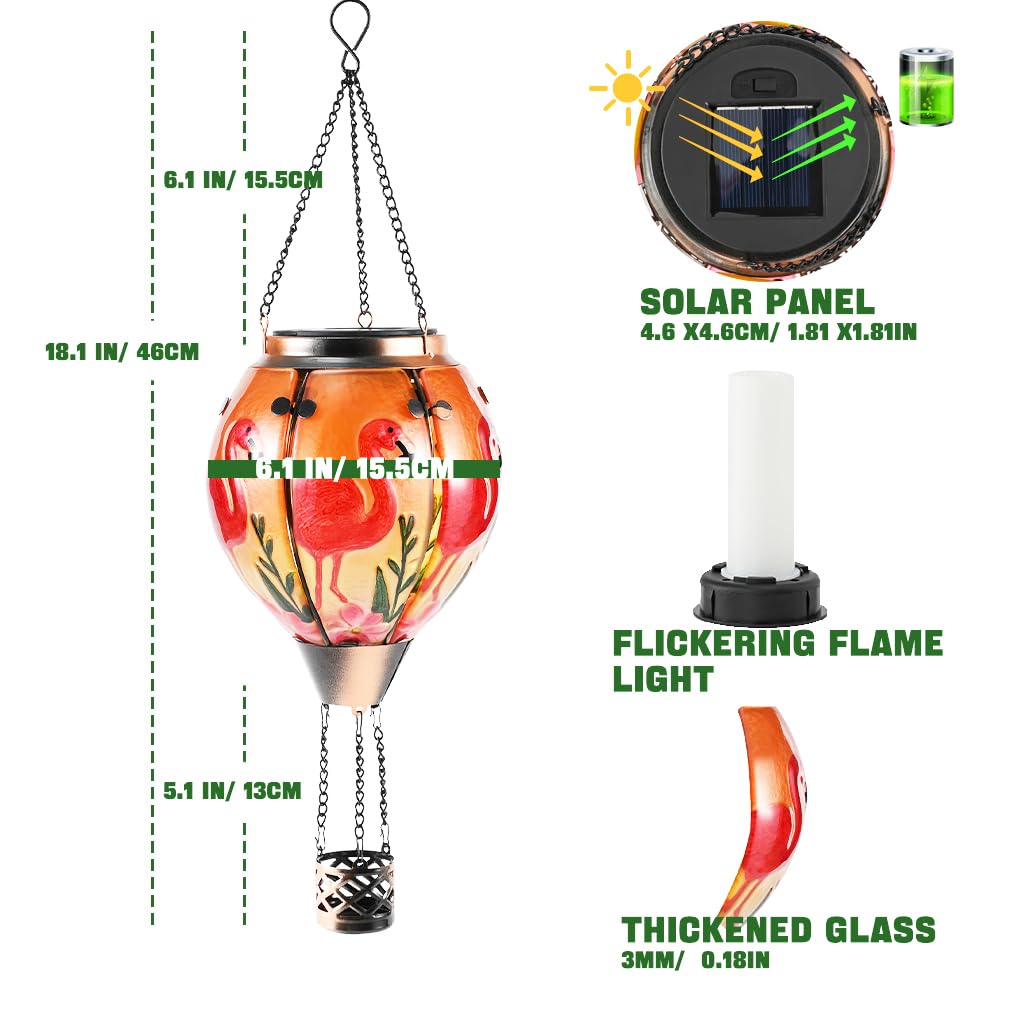 Hot Air Balloon Solar Lantern - Flamingo Stained Glass Lantern  Simulated Flickering & Dancing Flame  Outdoor Hanging Yard Light Waterproof Ip65 For Patio Lawn Porch Decor Gift