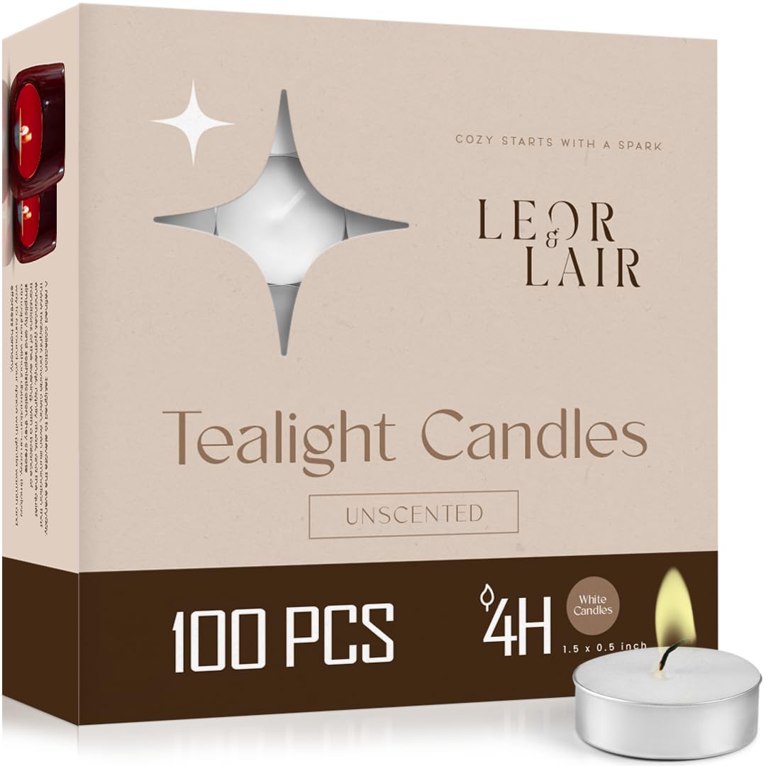 Leor & Lair Tealight Candles 100 Pack - 4 Hour Long Burning Tea Lights for Emergency, Family Meals, Home D  cor & Daily Use - Un