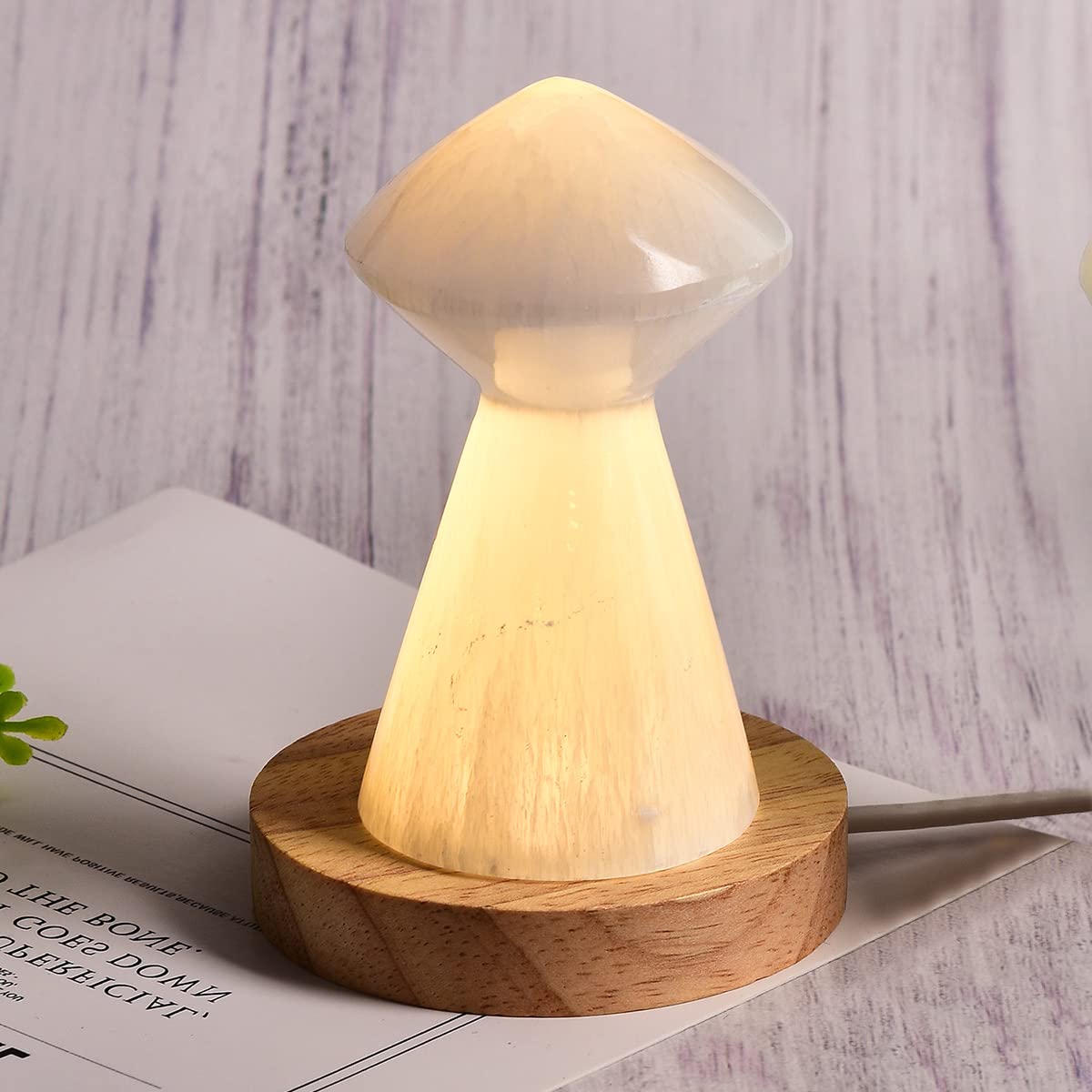 JIC Gem USB Selenite Lamp White Mushroom Small Selenite Crystal Lamp 3.1 Inch with Wooden Light Stand Base