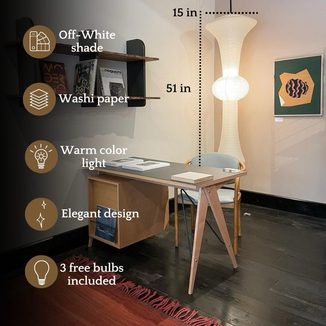 Nogy Large Off-White Paper Pendant Lamp - 15'' X 56'' - Modern Japandi Boho Living Room Pendant Light - 3 Bulbs (3000K) - Touch