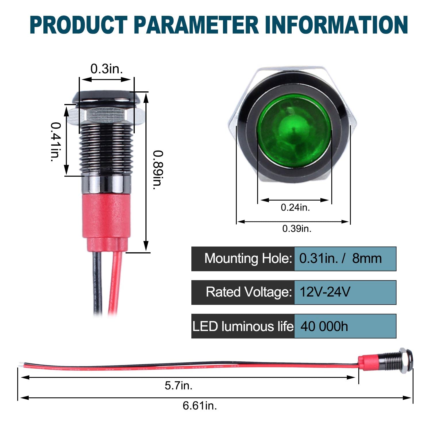 Dmwd 5 Pcs 12V-24V 20Ma Energy Saving Led Indicator Light Aluminium Alloy Housing 8Mm (1/3'') Mounting Hole Waterproof With 15Cm