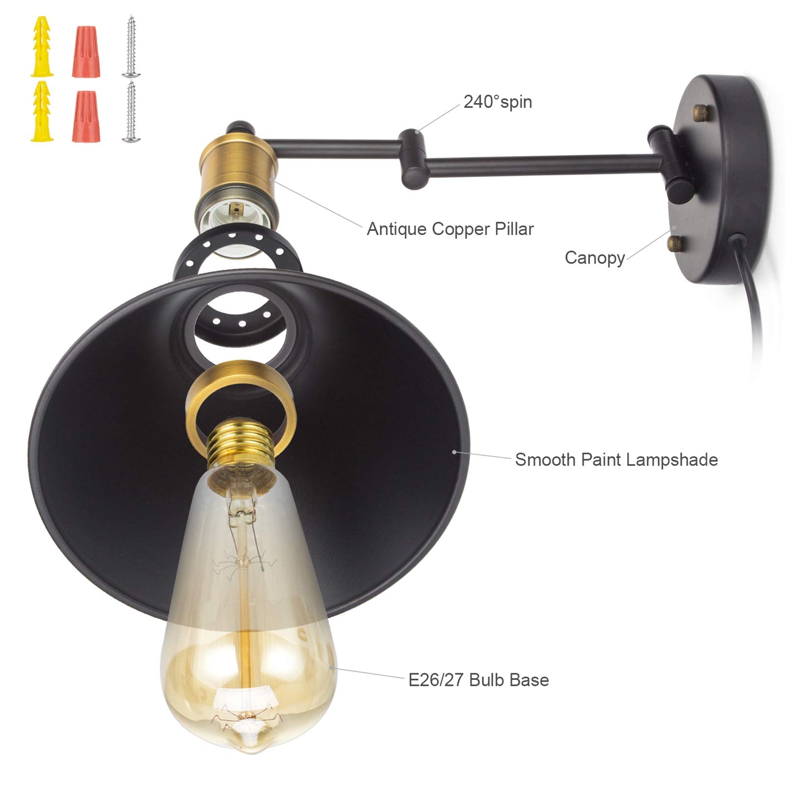 Arcomead Vintage Black Swing Arm Wall Lamp Sconce 2-Pack For Kitchen, Hallway, Café