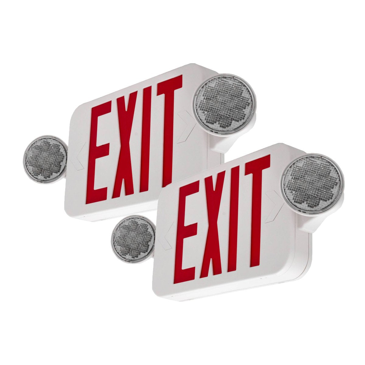 LFI Lights | Combo Red Exit Sign with Emergency Lights | White Housing | All LED | Two Adjustable Round Heads | Hardwired with Battery Backup | UL Listed | (2 Pack) | COMBOJR2-R