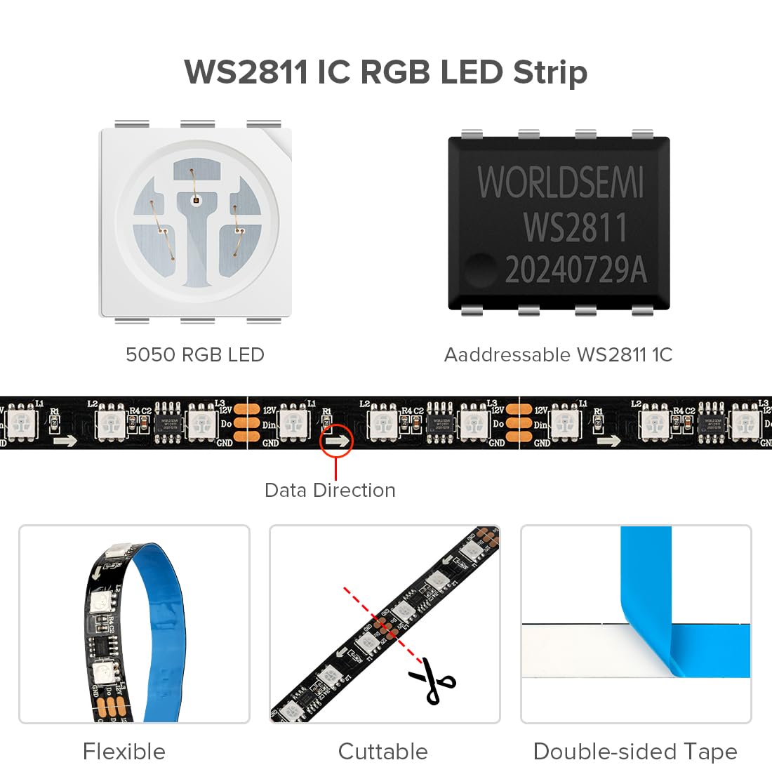 BTF-LIGHTING WS2811 RGB Addressable LED Strip 16.4FT 30LED/m IP65 Black PCB Flexible DC12V for Indoor Decor