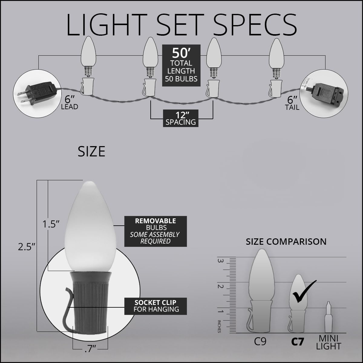 Wintergreen Lighting C7 Multicolor LED Christmas Lights, 50 ft Green Wire, 50 Lights, Smooth/Opaque, Commercial Grade