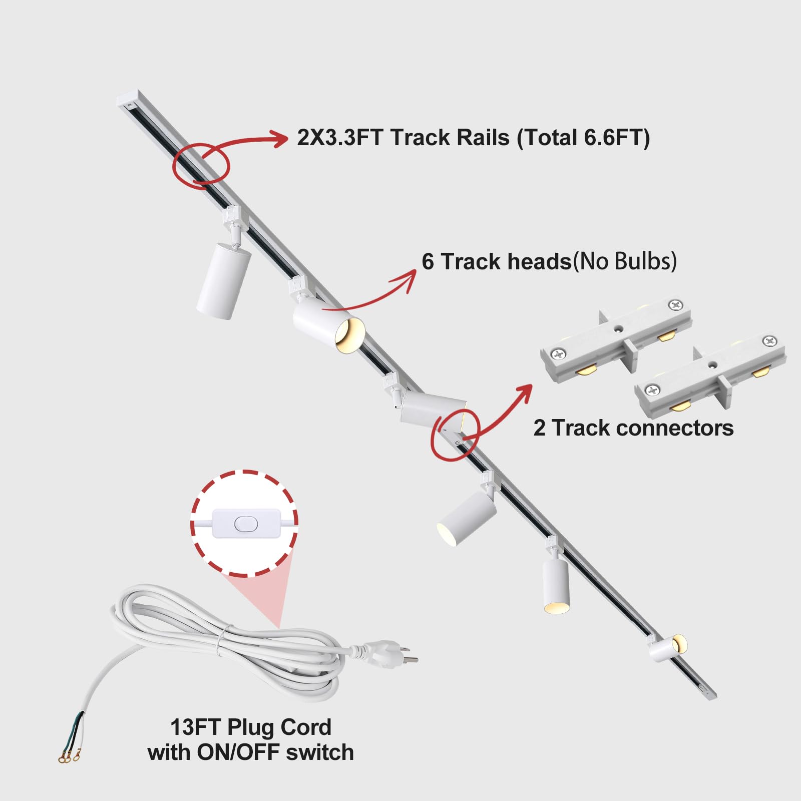 Lraemxg Plug In Track Lighting With Power Cord, 6-Light Gu10 Track Lighting Kit With 6.6Ft H Type Track Lighting Rails, Modern Kitchen Led Track Lighting Fixtures Ceiling Spot Light, White (No Bulbs)