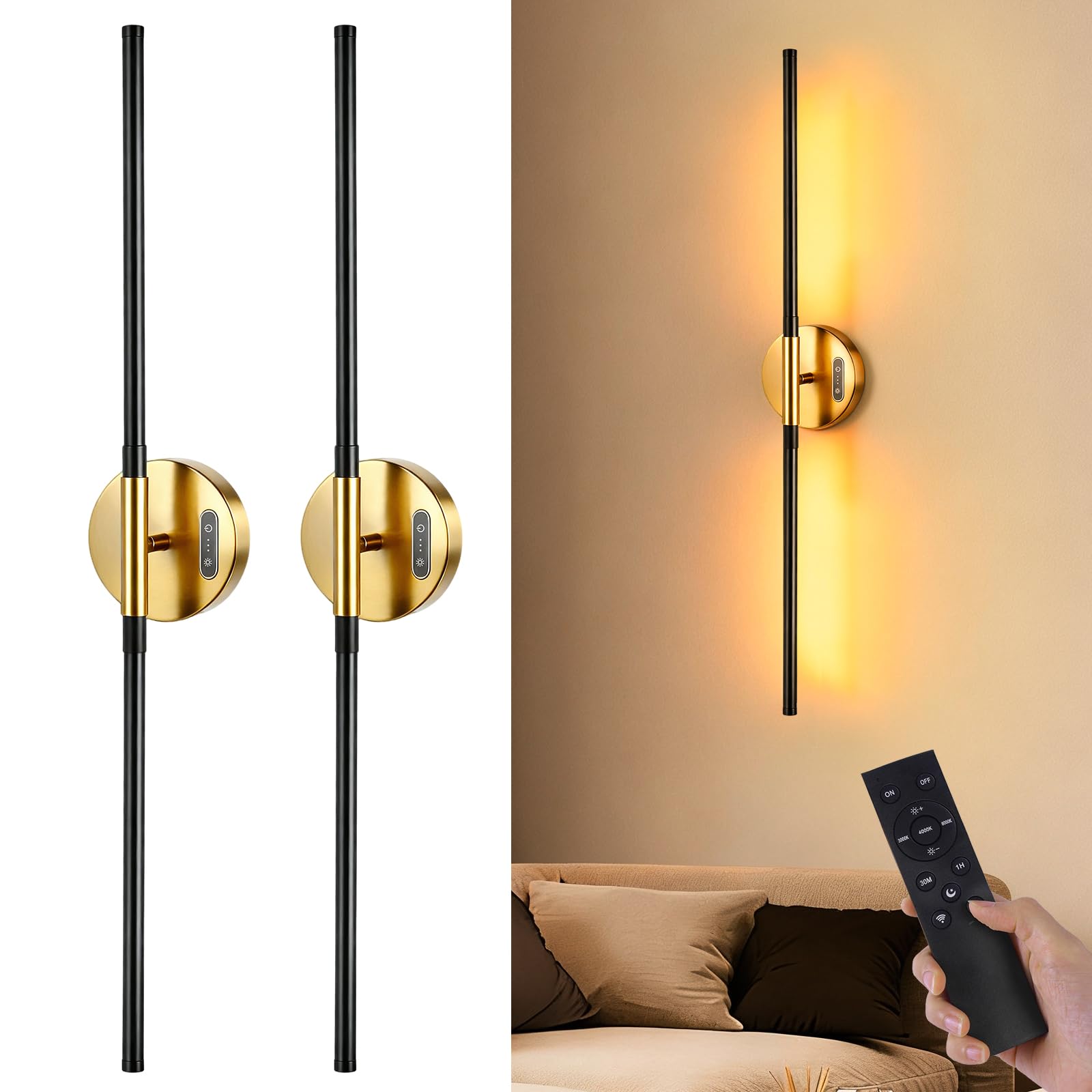Omnikerlight Battery Operated Wall Sconces with Remote, Dimmable Wall Sconces Set of 2, 3000K/4500K/6000K, 360 Rotate, Rechargea