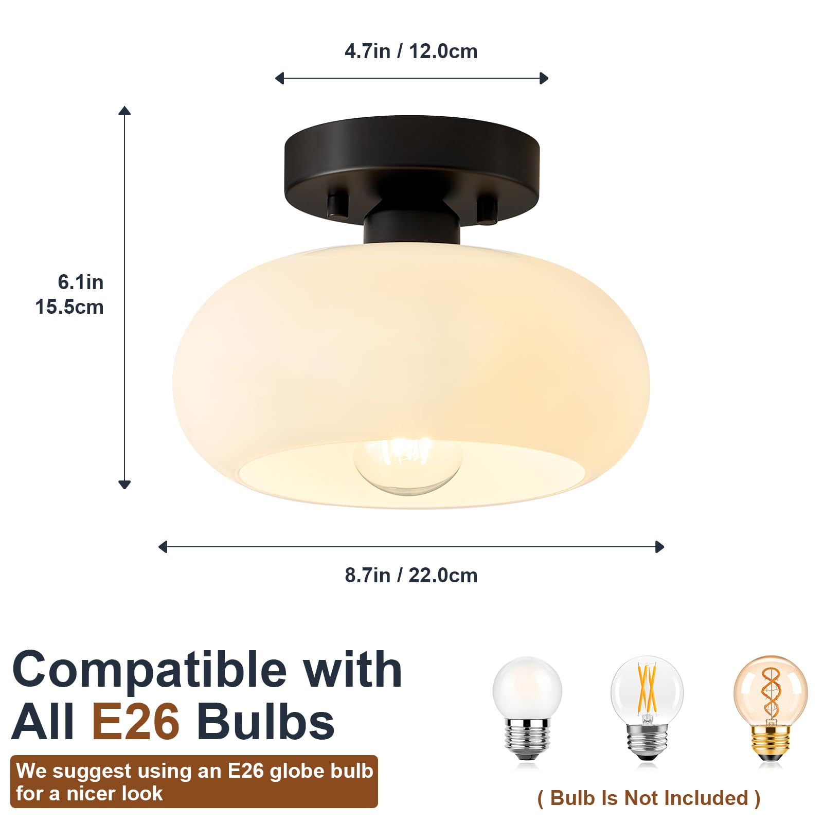 Woknos Mid-Century Modern Semi Flush Mount Ceiling Light, Metal Kitchen Light Fixture With Glass Shade,Vintage White And Black C