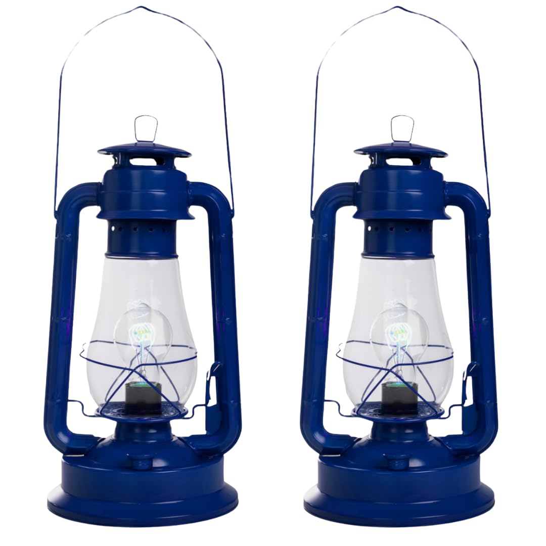 Rustic Farmhouse Lantern Table Lamp: Dimmable, Edison Bulb, Line Cord Dimmer - Large Body, Blue Finish - Set Of Two - Ul Usa/Ulc