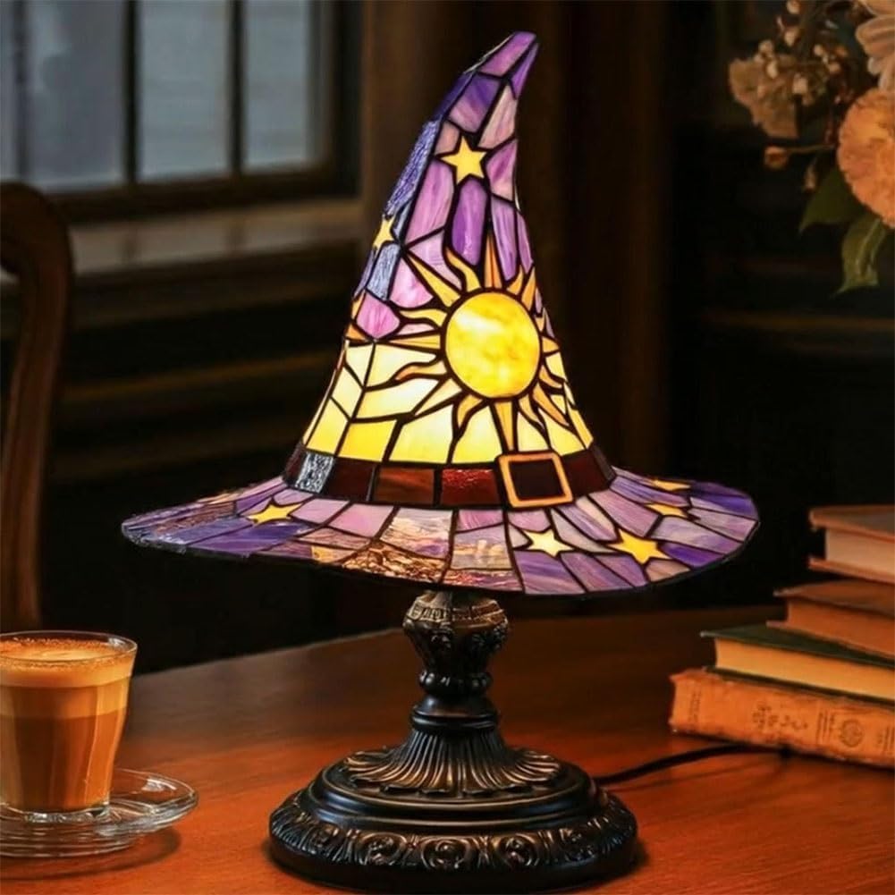 Witch Hat Lamp Stained Glass Resin, Handmade Gothic Witch Hat Lamp, Small Wizard Hats Shape Spooky Fun Light For Indoor Party Ha