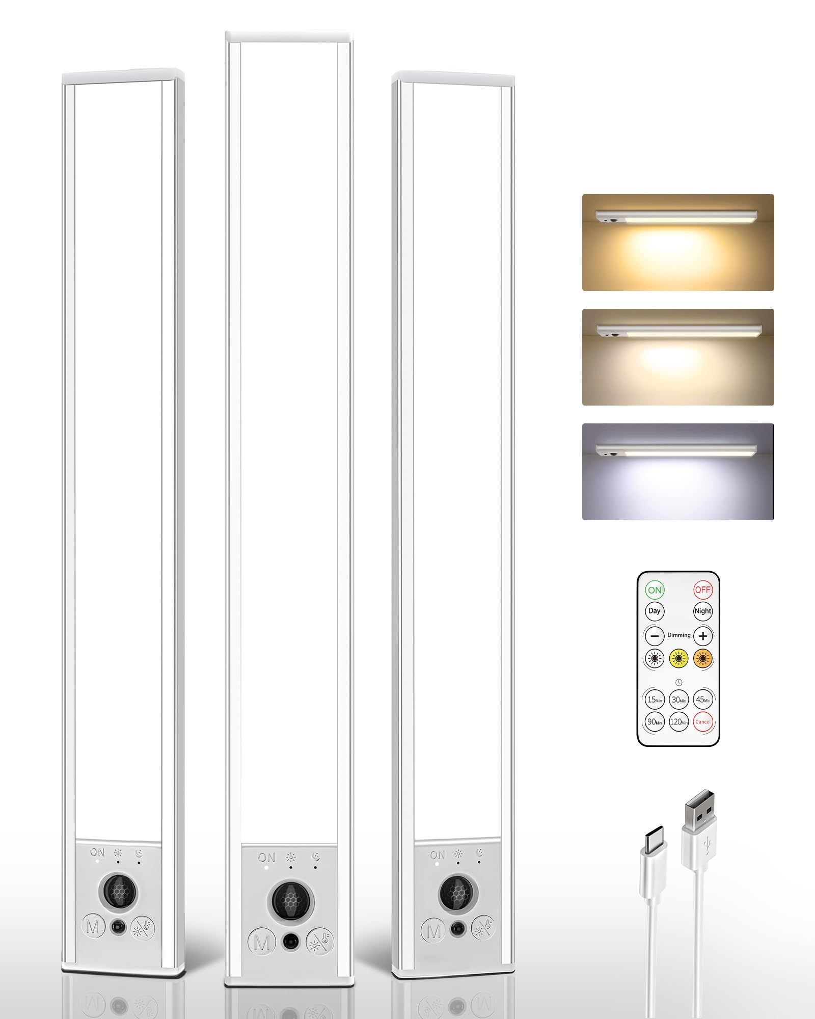 EZVALO Under Cabinet Lighting, 3 Pack, 4000mAh Rechargeable, Motion Sensor, Dimmable, 16inch, Aluminum, Wireless Remote