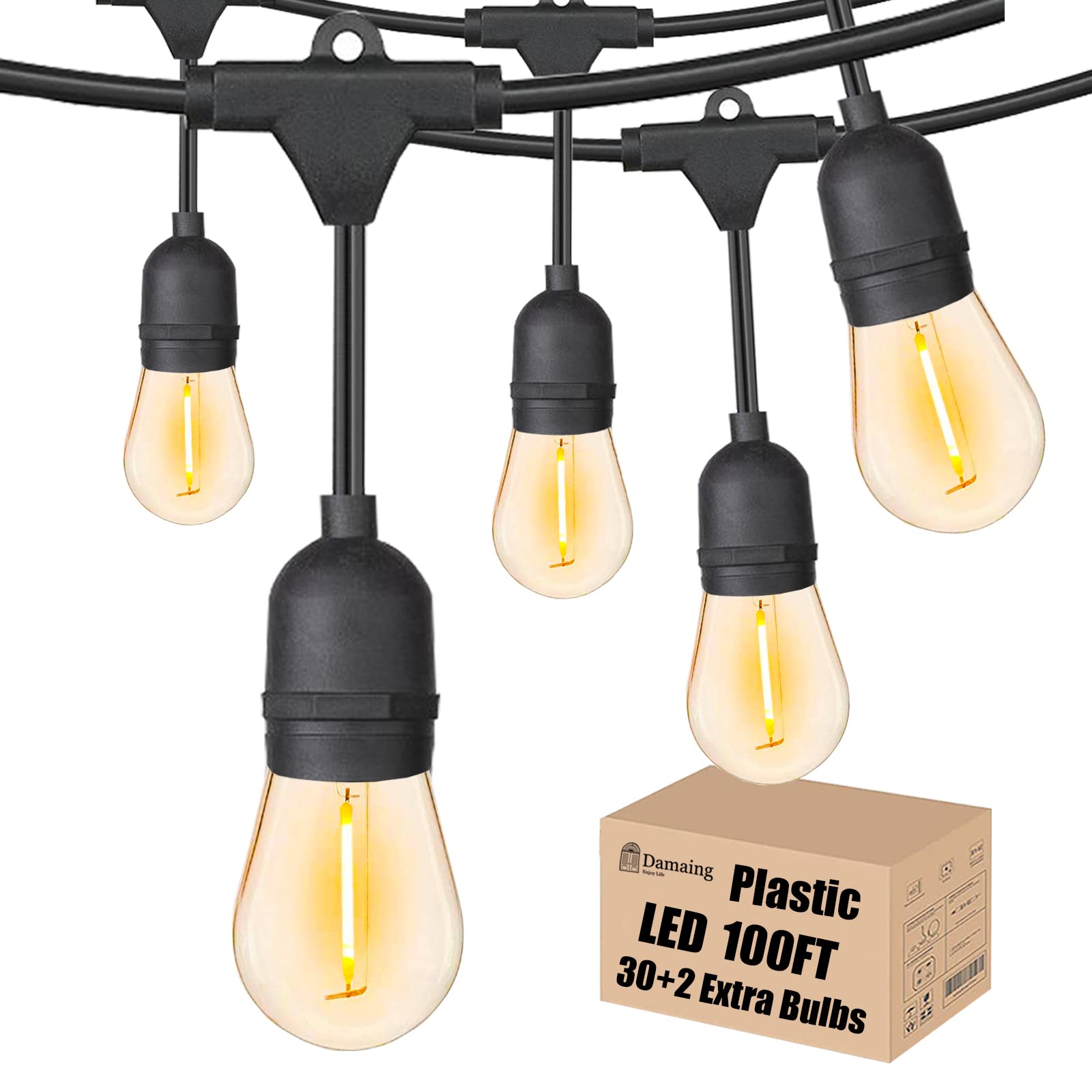 Outdoor String Lights Led 100Ft Patio Lights With 32 Shatterproof S14 Dimmable Plastic Vintage Edison Bulbs And Commercial Grade