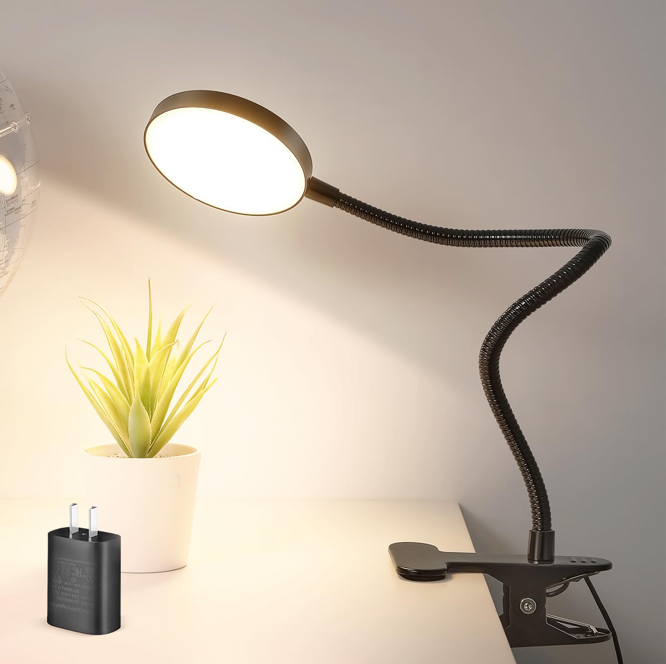 LiFMIRA Desk Lamp 8W LED Light, Eye-Caring Metal Clip, 5 Color & 10 Brightness Levels, Flexible Gooseneck, Black, Model 8010A-