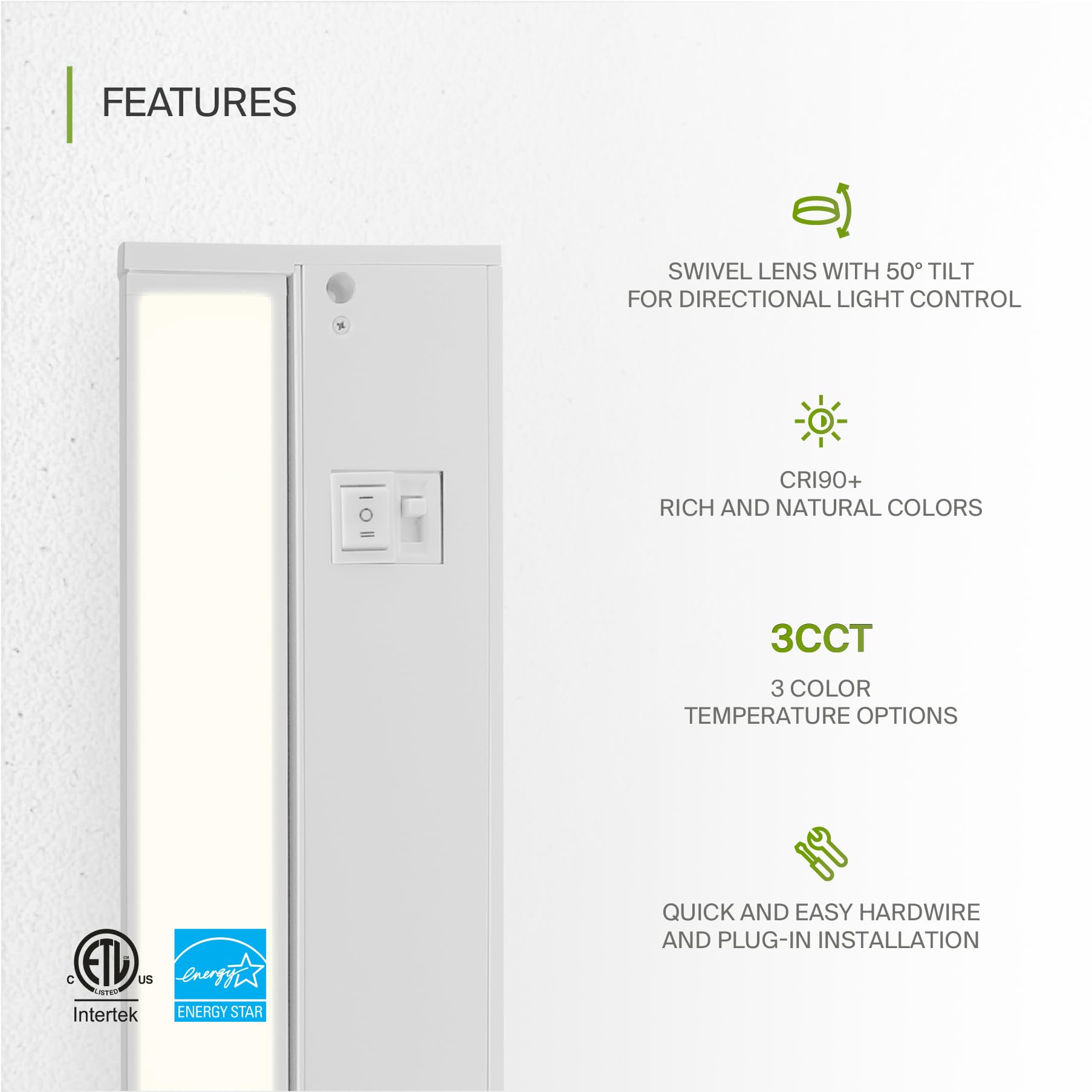 ASD Swivel LED Under Cabinet Light, 12 Inch, Dimmable, 5W, 2700K/3000K/4000K Selectable, Hardwired/Plug-in