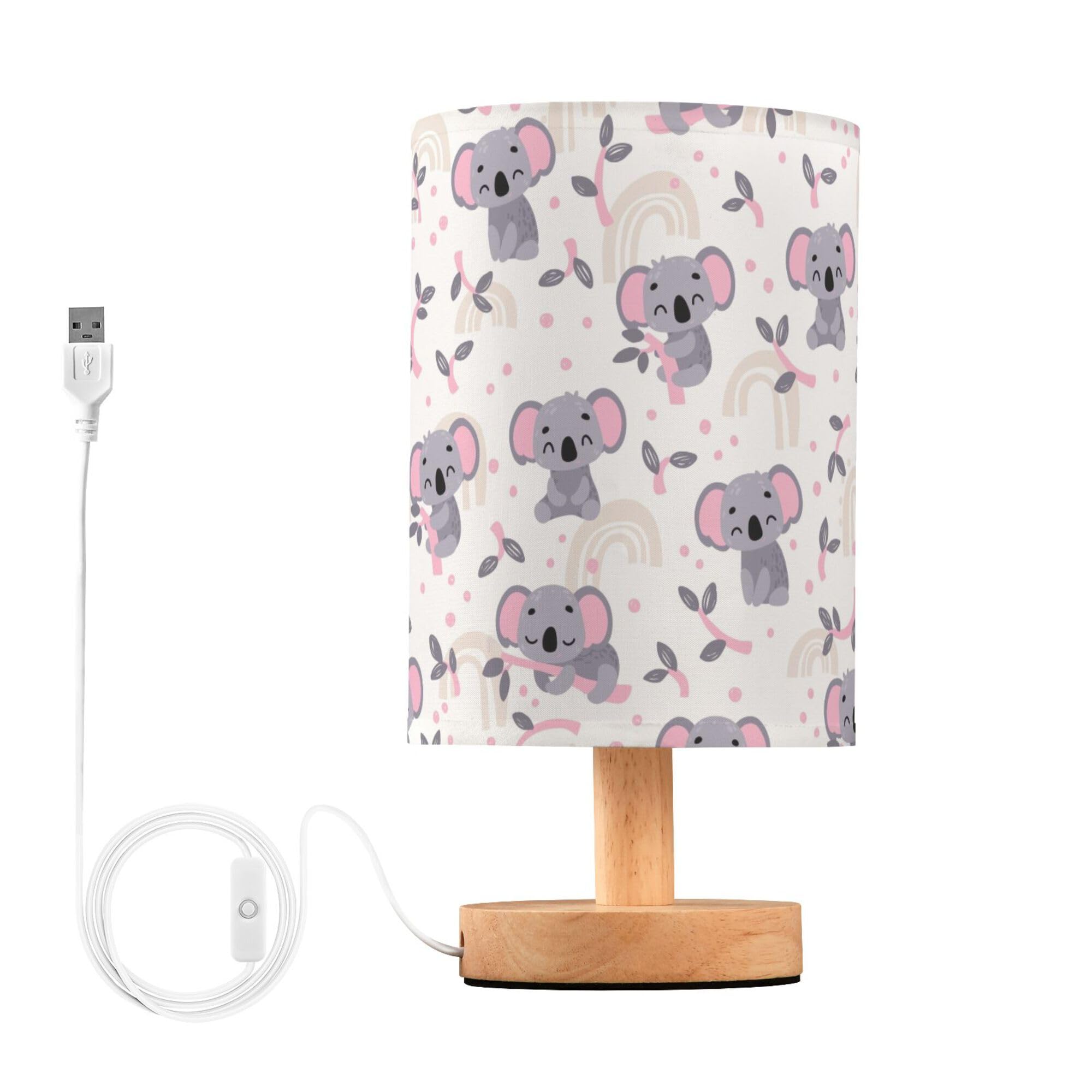Yyzzh Table Lamp Cute Koala Eucalyptus Branch Scandinavian Pattern Nightstand Lamp With Wood Base Fabric Lamp Shade Bedside Desk