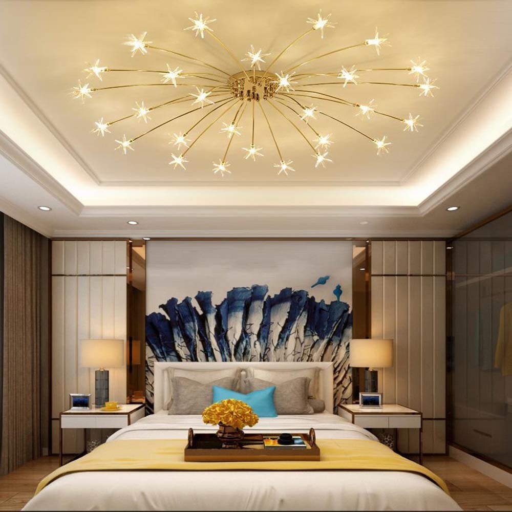 DZQH-Qin Gold Ceiling Light Chandelier, Metal, 28 Light, Unique Starry Design, Flush Mount Fixture for Living Room, Bedroom, Dining Room