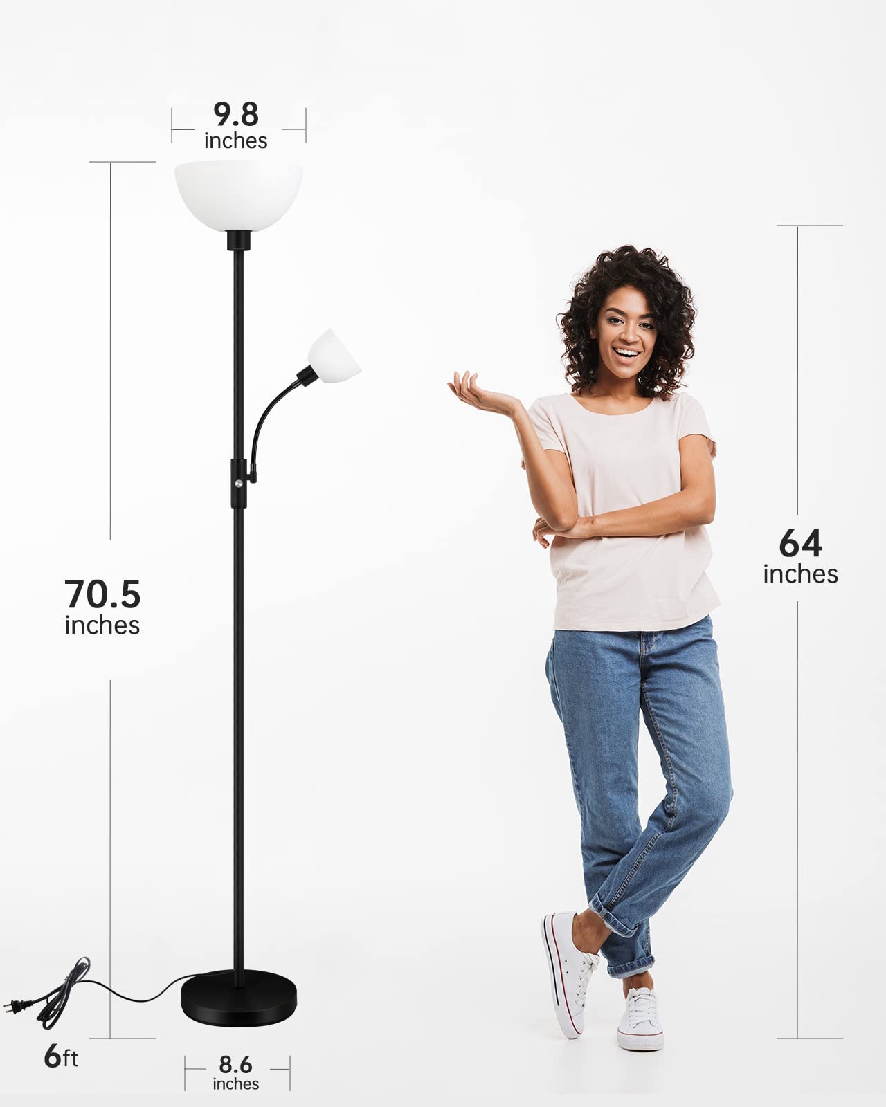 Boostarea Floor Lamps For Living Room, Modern Floor Lamp With Reading Lamp(12W, 4W), Bright Standing Lamp With Bulbs, 70.5'' Tal