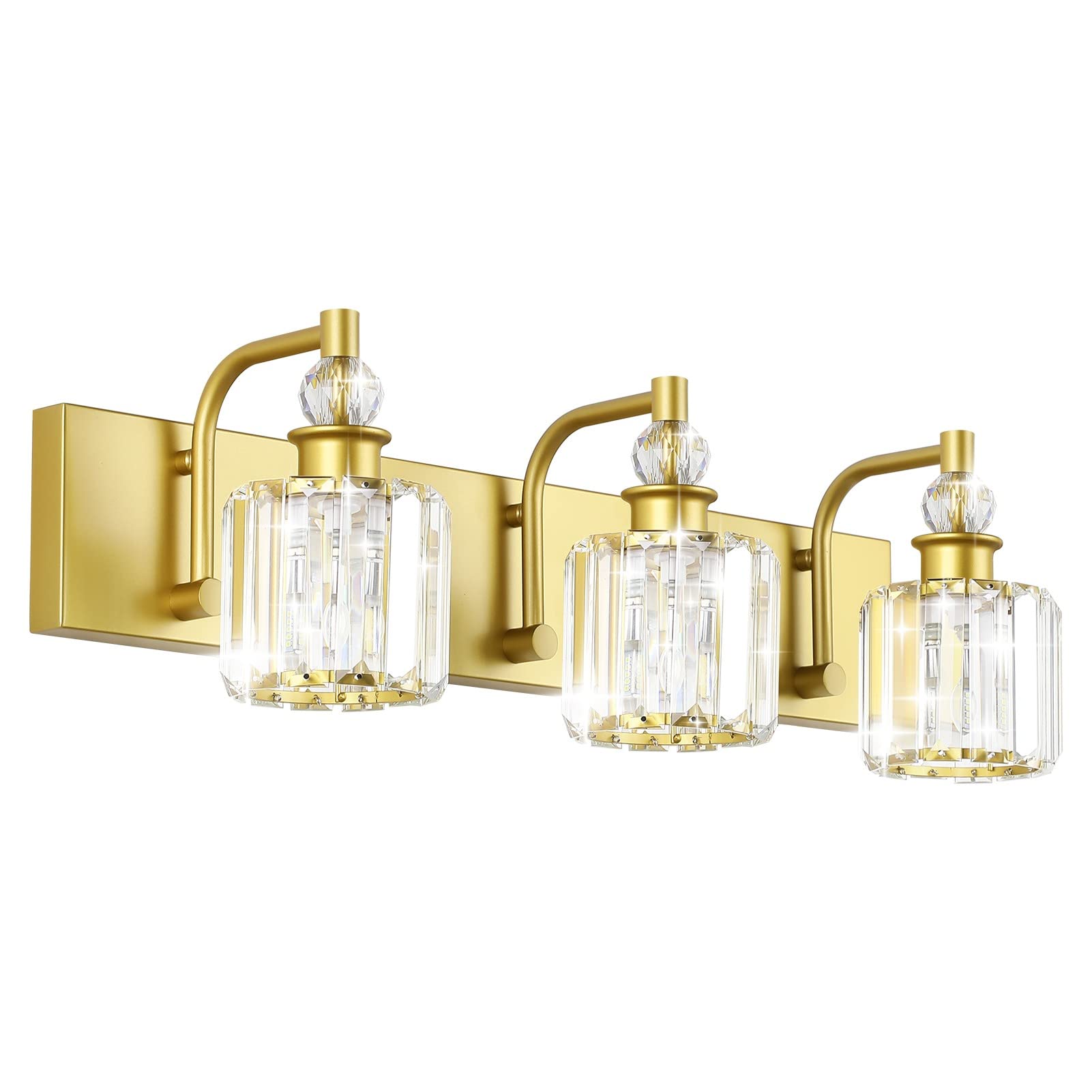Ralbay 3 Light Crystal Vanity Light Fixture, 24 Inch Gold Bathroom Lighting, Model 8605