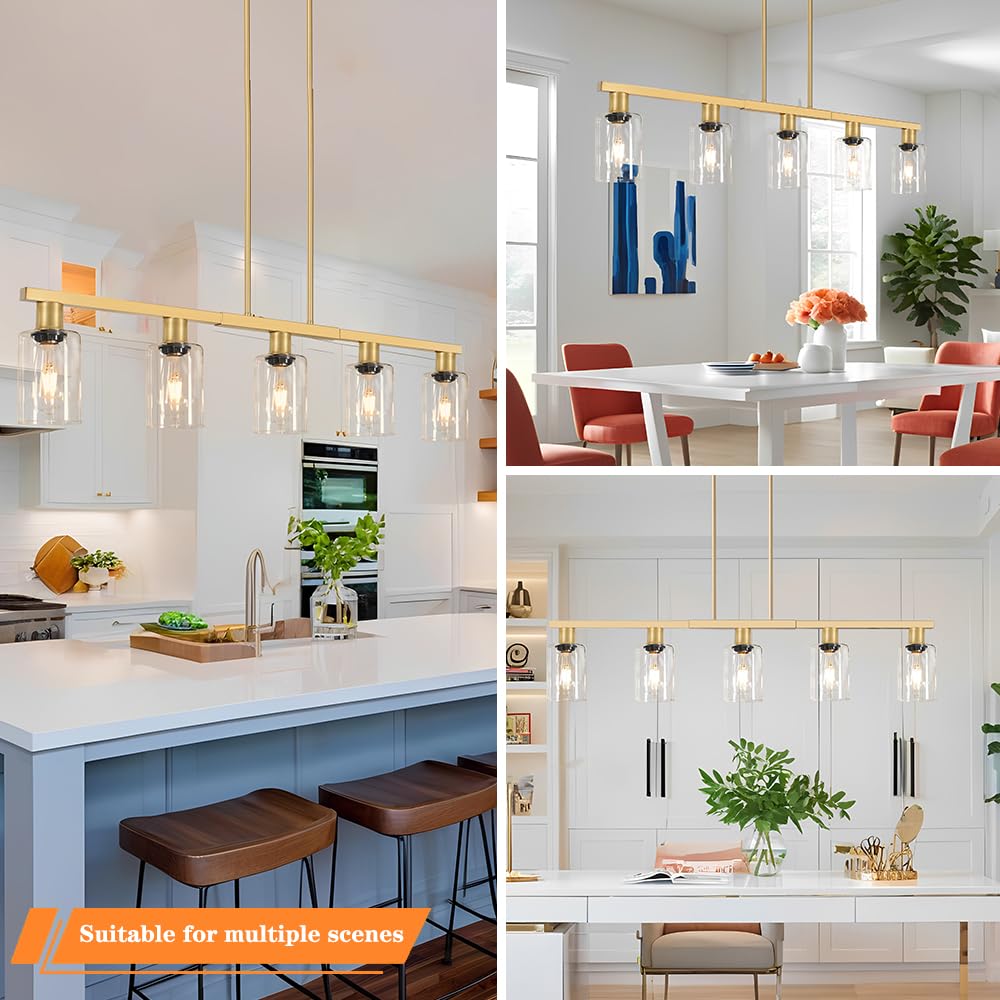 5-Light Kitchen Island Lighting Gold Adjustable Chandelier  Farmhouse Dining Room Light Fixtures Over Table  Height Adjustable Linear Pendant Light Fixture With Clear Glass Shade For Kitchen