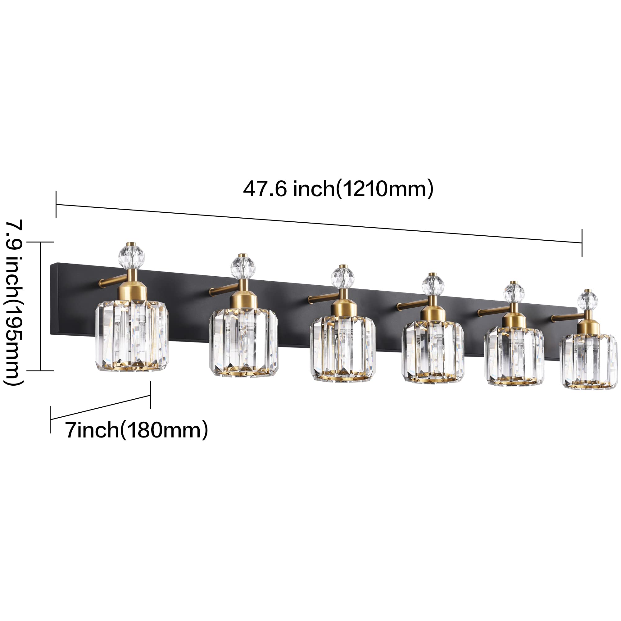 PRESDE Modern Crystal Black and Gold 6 Light Vanity Light Fixtures for Bathroom Over Mirror Bathroom Wall Light Fixtures