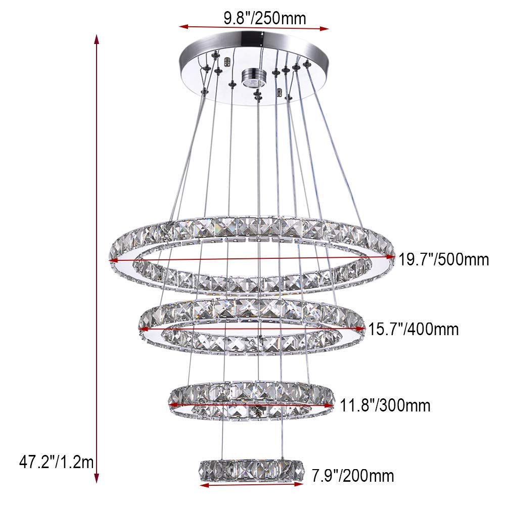 Modern Crystal Chandelier, Dining Room Living Room Led Ceiling Pendant Light Contemporary 4 Rings Adjustable Stainless Steel Lig