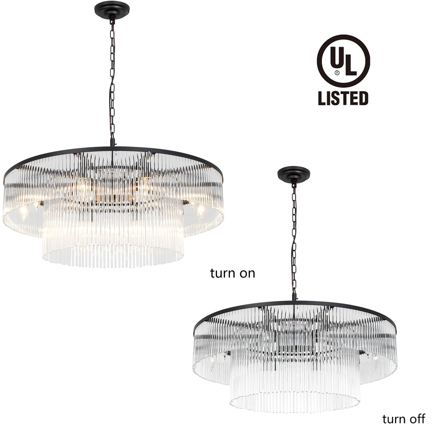 Akeelighting Contemporary Black Chandeliers, 2-Tier Dining Room Glass Chandelier Lighting 10 Lights Round Chandelier For Living