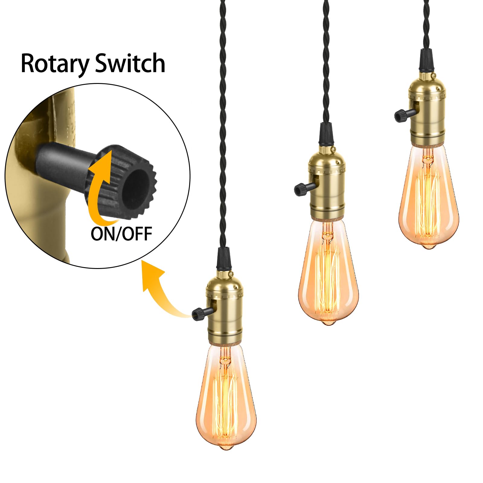Aokpsrt Vintage Gold Plug-In Pendant Light With 3 Sockets & Switches, 15.9 Ft Cord