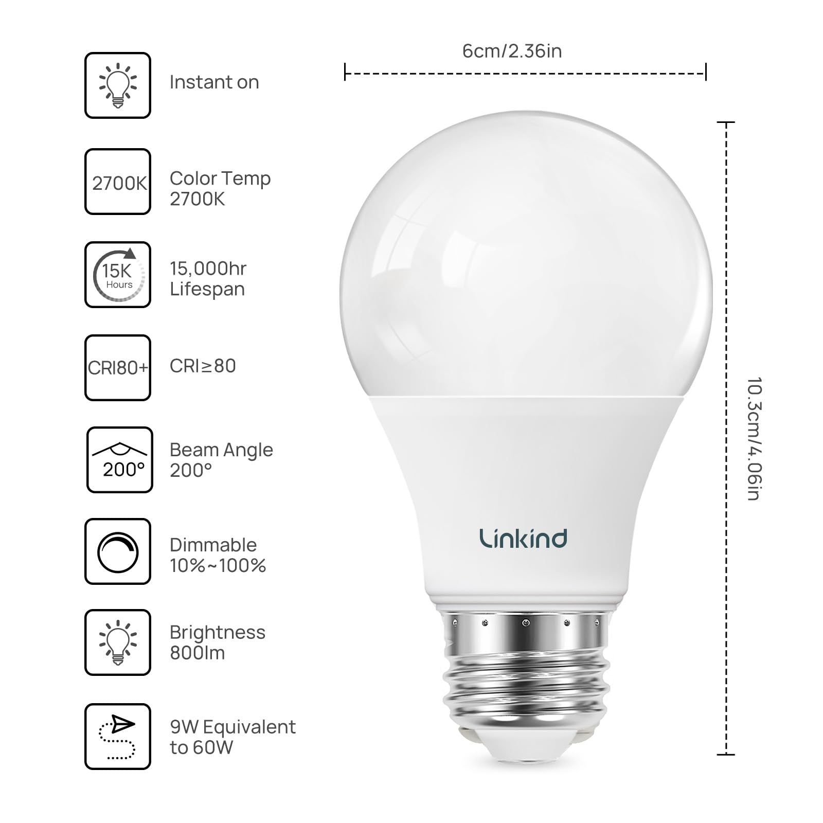Linkind A19 LED Light Bulbs, Dimmable, 9.5W, 800 Lumens, 2700K Soft White, E26 Base, 6 Count, UL Listed