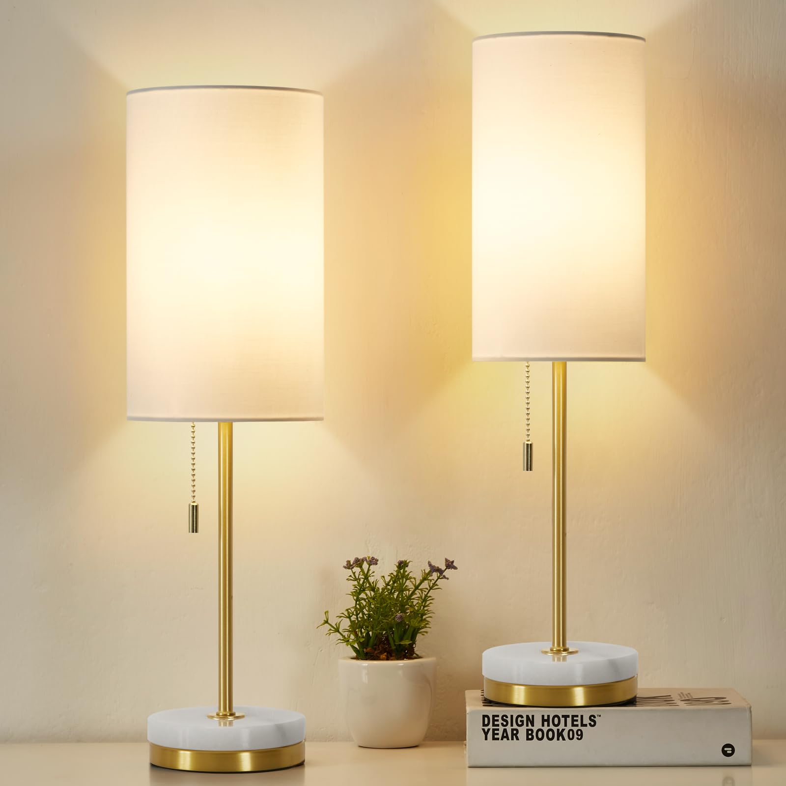 Luvkczc Desk Lamp Set of 2 - Modern Small Table Lamps with Marble Base, Fabric Shade, Gold, Model 066 for Bedroom, Living Room, Office