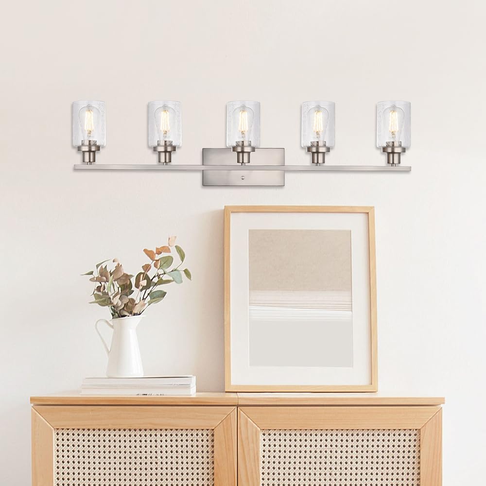 WINSHEN Bathroom Vanity Lighting Fixture, 5-Lights, 40-Inches, Brushed Nickel, Industrial Sconce with Seeded Glass Shades, Model SG-51S-5L