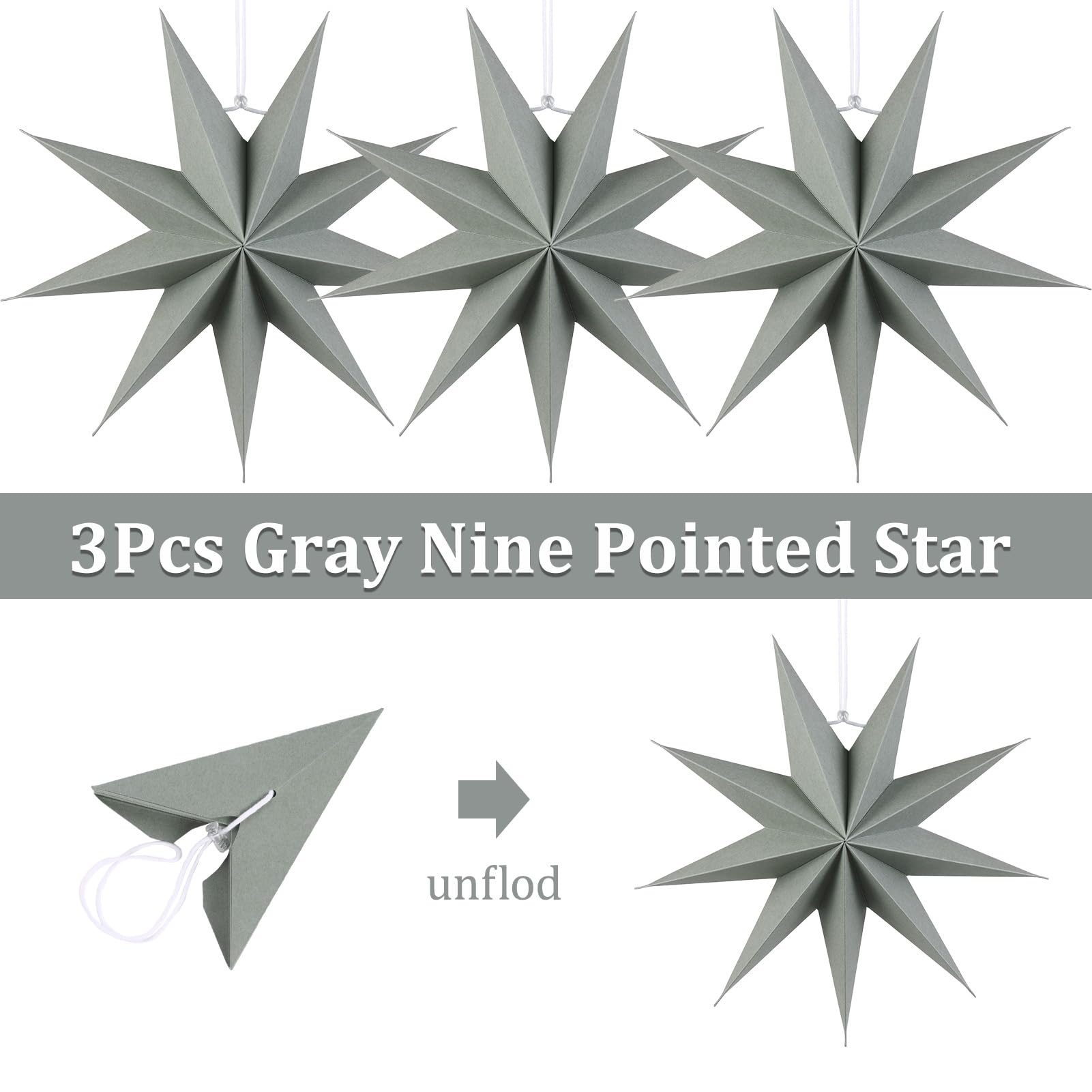 Sunbeauty Grey 9-Pointed Grayish Green Paper Star Lanterns 12 Inch Christmas Hanging Lamp Paper Decorations Shade Wedding Birthd