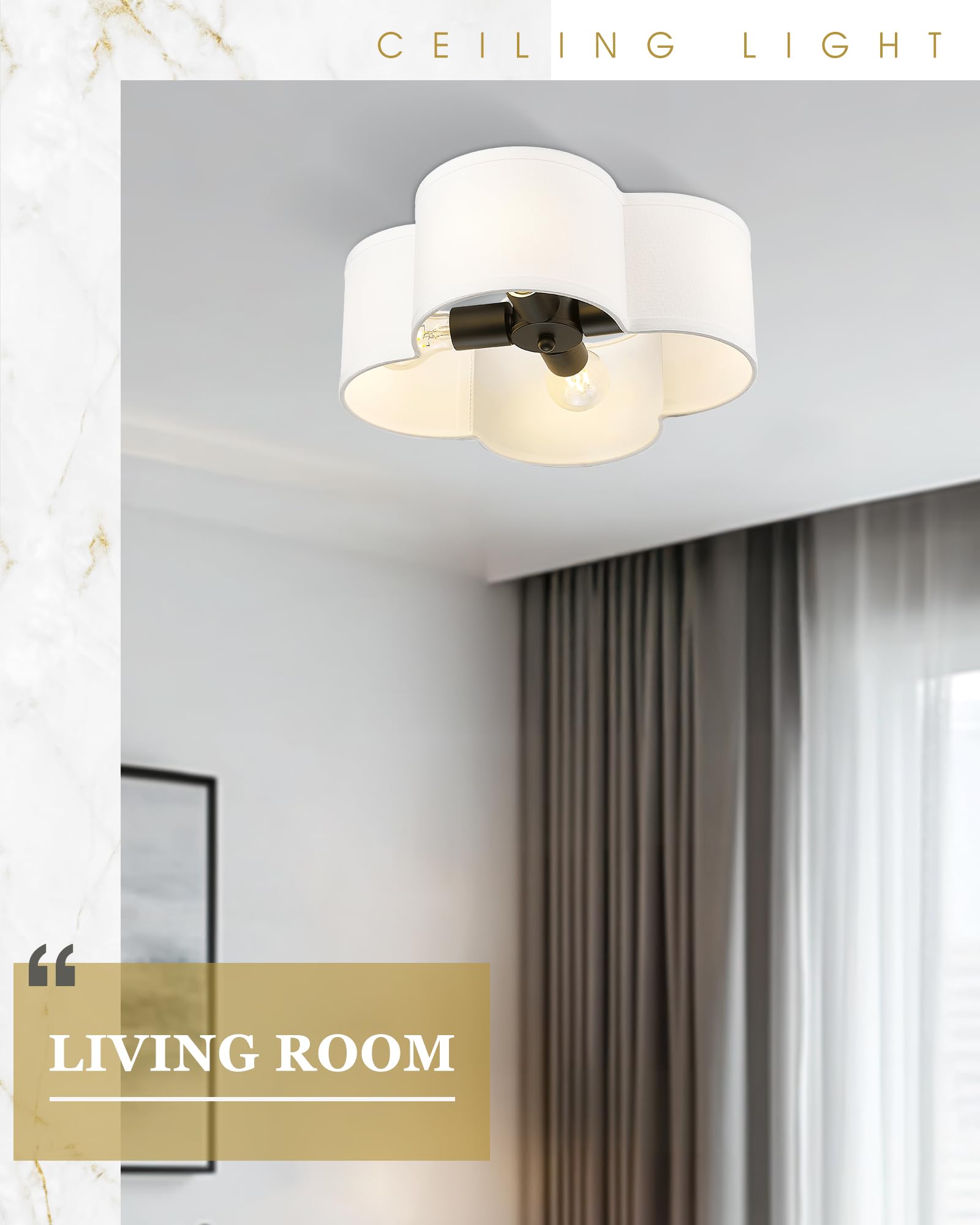 Audickic Black Flush Mount Ceiling Light, 4-Light 14Inch Light Fixtures Ceiling Mount With Fabric Shade In Quatrefoil Shape, Cei