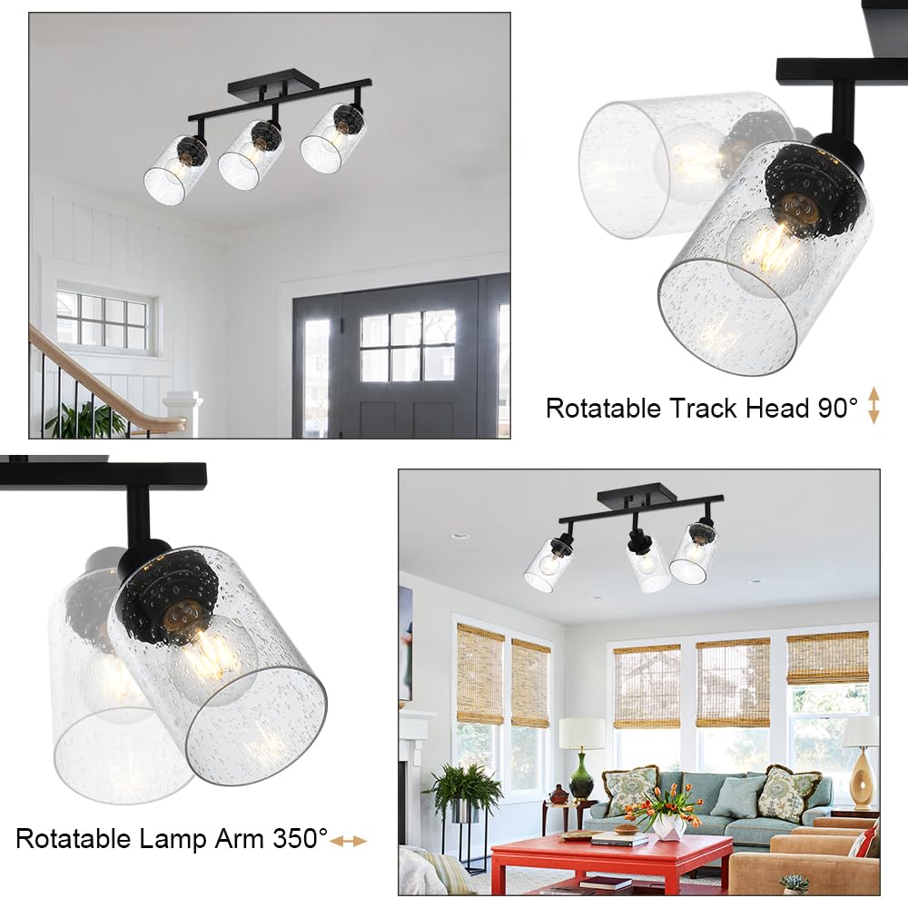 Winshen 3-Light Track Lighting Fixtures Ceiling Spot Light, Black Flush Mount Wall Bathroom Vanity Light With Seeded Glass Shade