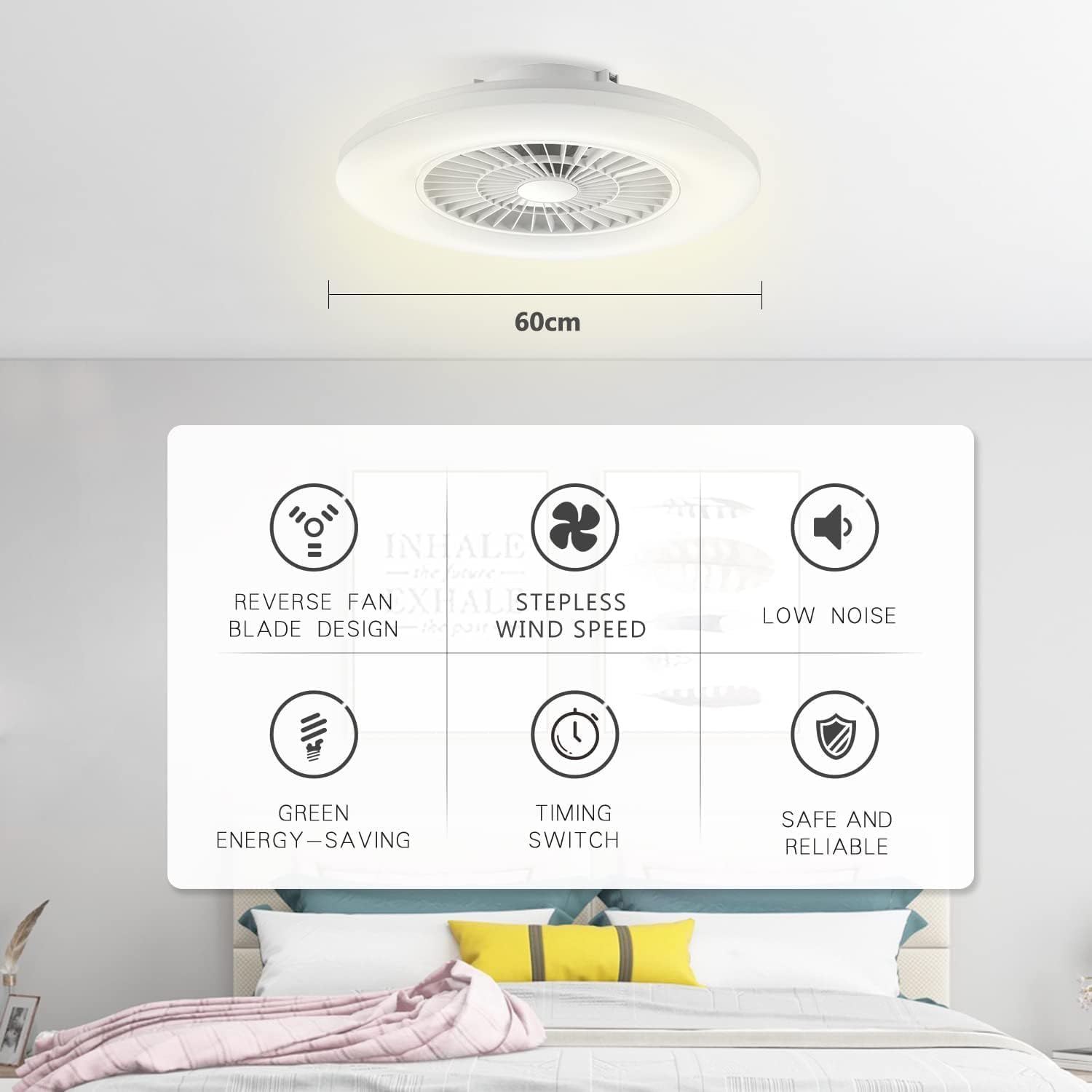 BKZO 24" Low Profile Ceiling Fan with RGB Lights & Remote, Stepless Dimming, Alexa Compatible, White, Model 323115-1-RGBCW