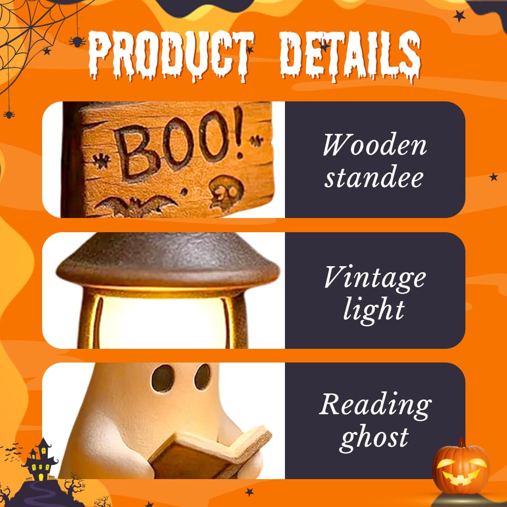 Ghost Reading Book Lamp, Cute 3D LED Night Light with Warm Glow - Resin Spooky Cute Ghost Lamp for Bedroom, Desk Home Decor, Gif