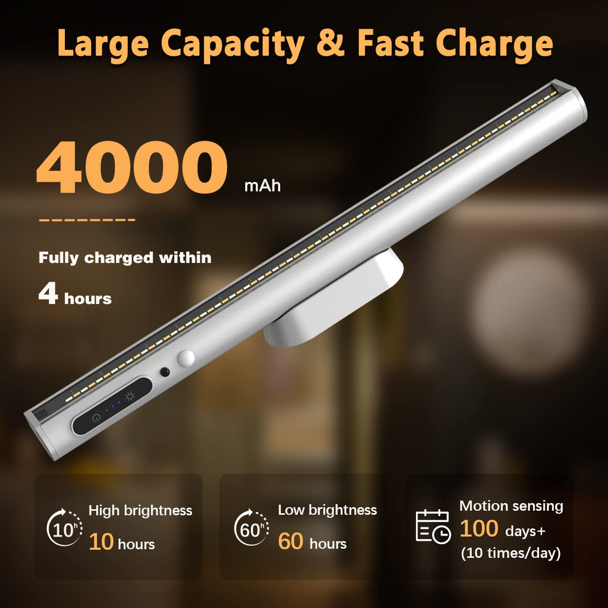 Hapfish Motion Sensor LED Light Bar, Rechargeable Magnetic Wireless Under Cabinet Lighting, Aluminum, Silver, Model YZYP350-SR04