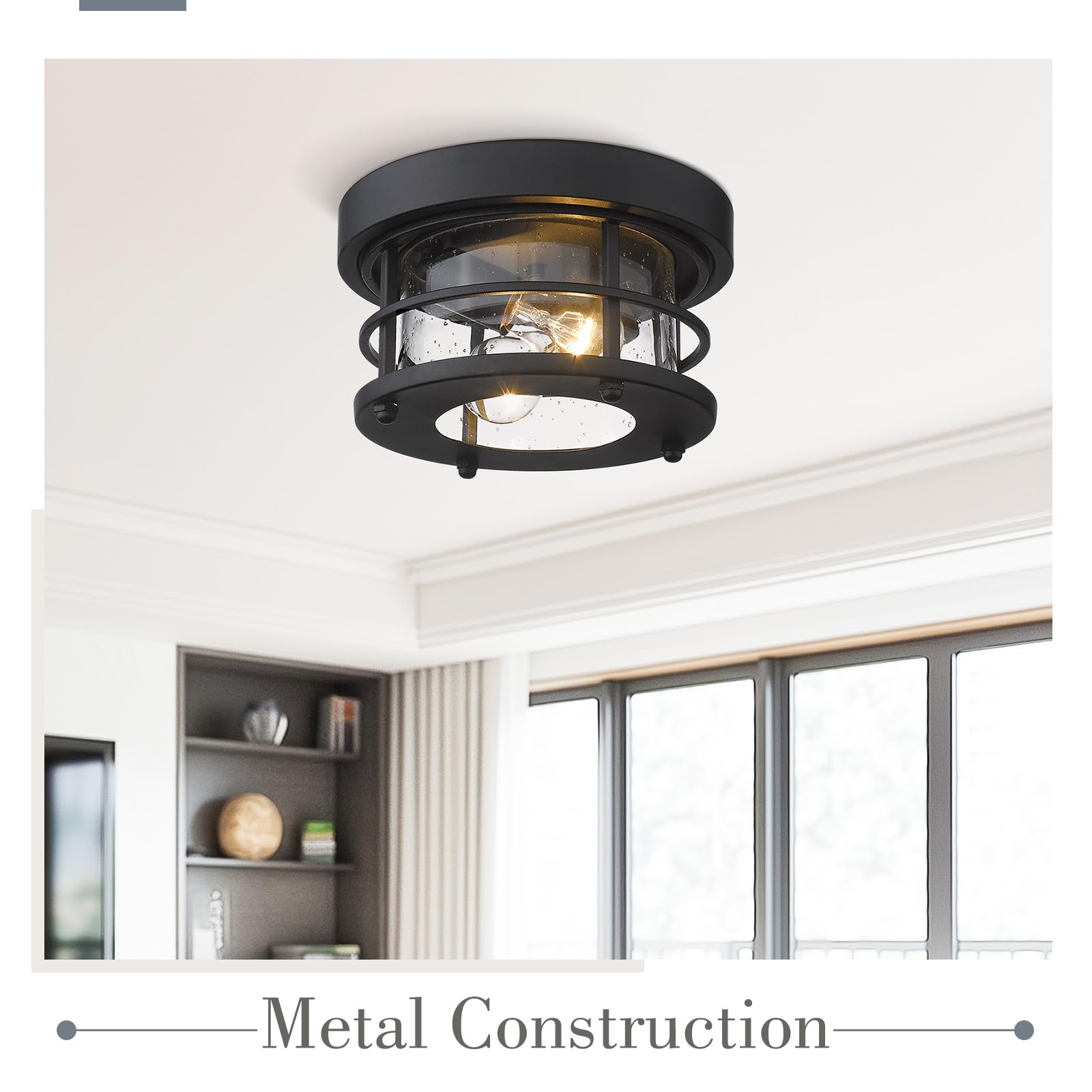 Emliviar 2-Light Round Ceiling Light Fixture, 10 Inch Black Metal Flush Mount, Model WE2085F BK