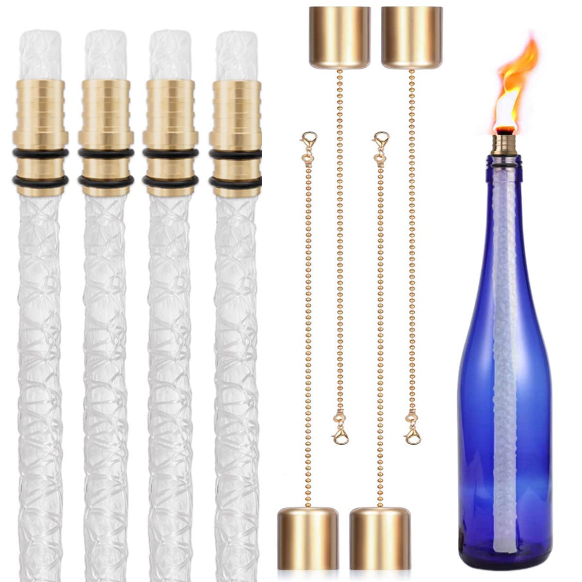 Ncyoew Wine Bottle Torch Kit, Long Life Torch Wicks For Tiki Torch With Brass Torch Wick Holders And Caps - Just Add Bottle For Diy Wine Bottle Outdoor Torch Decor (Golden)