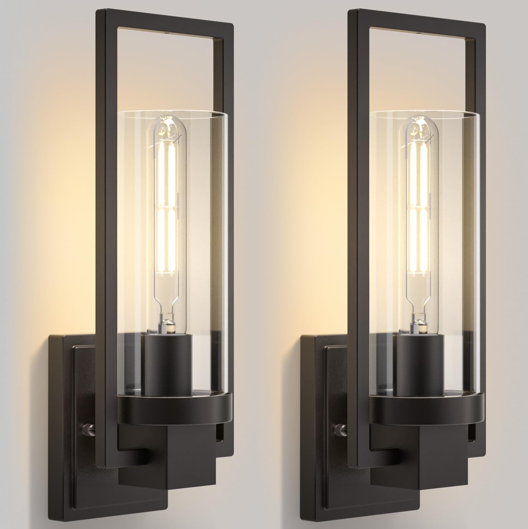 CINOTON Black Wall Sconces Set of 2, 15in Matte Black Hardwired Vintage Light Fixtures, Clear Glass, Model STR-WL-0016