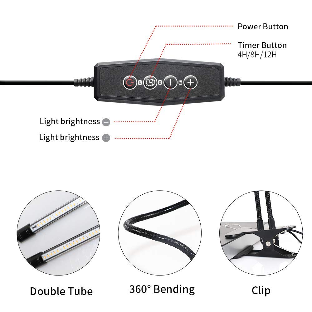 Gooingtop Led Grow Light,6000K Full Spectrum Clip Plant Growing Lamp With White Red Leds For Indoor Plants,5-Level Dimmable,Auto On Off Timing 4 8 12Hrs