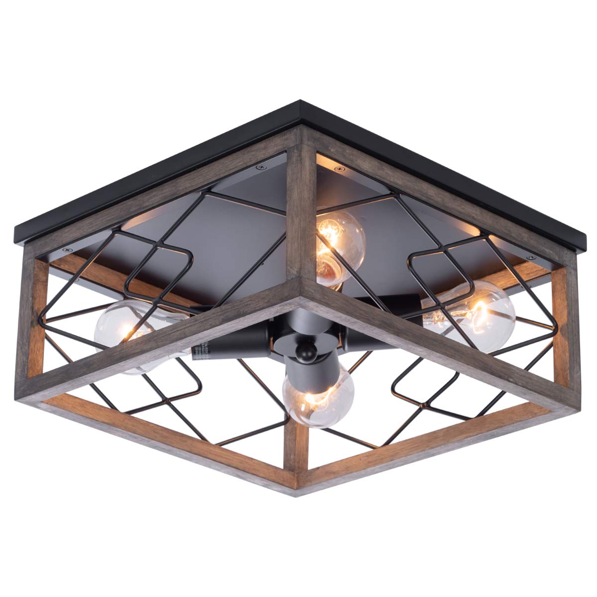 VILUXY Farmhouse Flush Mount Ceiling Light, 4 Lights, Metal, Rustic Design, Square, Pattern Wood Finish